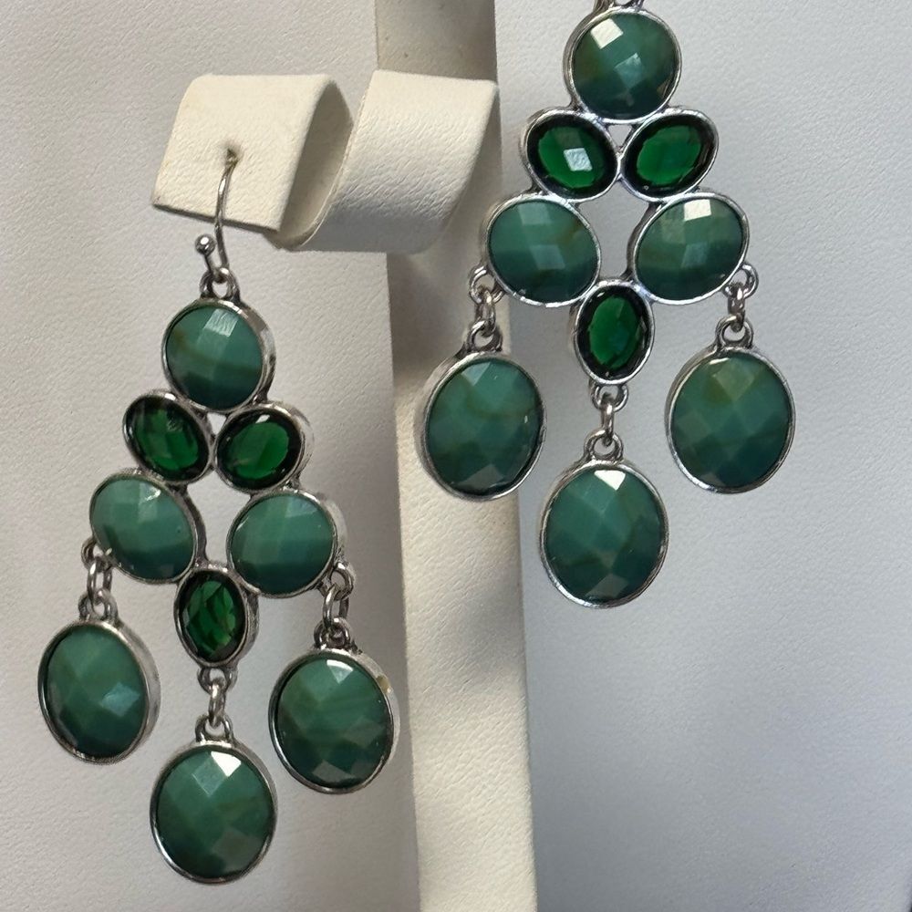 Premier Designs Green and Silver Drop Earrings 2 inch